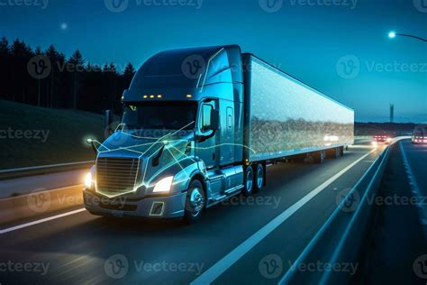 futuristic truck with a trailer is driving along a night road. 3D rendering Generative AI ...