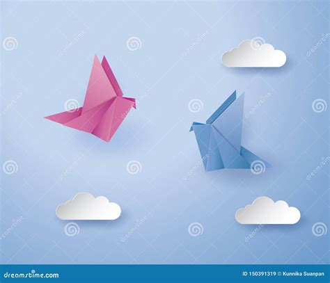 Origami Birds On Blue Background With Cloud Stock Vector Illustration