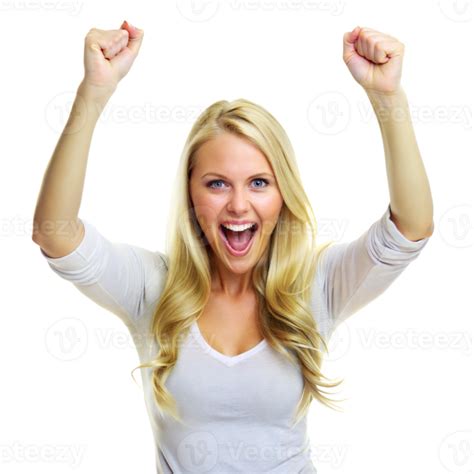 A Blonde Woman Is Smiling And Raising Her Arms In The Air 45821296 Png