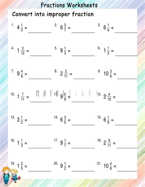 Convert Mixed fractions to Improper fractions worksheets - Math ...