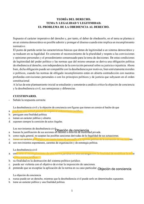 Tema 5 Teoría del Derecho La obediencia al Derecho Objetivos y