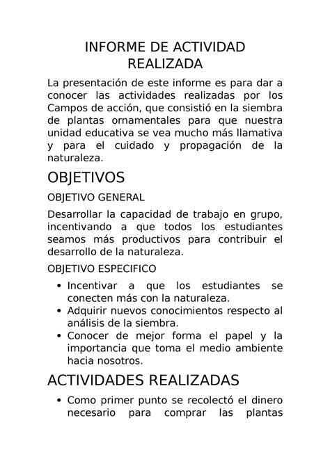 Informe DE Actividad Realizada INFORME DE ACTIVIDAD REALIZADA La