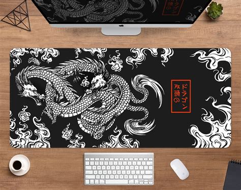 Dragon Desk Mat Japanese Mousepad Black And White Japan Kanji Seal