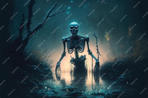 Premium Photo | Evil dead skeleton climbs out of pond of the swamp ...