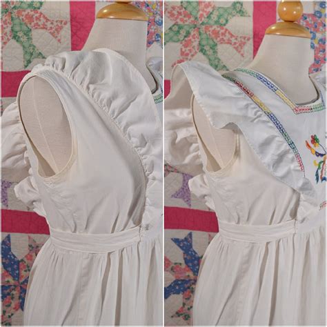 Vintage 60s Cottagecore Apron Pinafore Maxi Dress Embroidery And Ruffles S