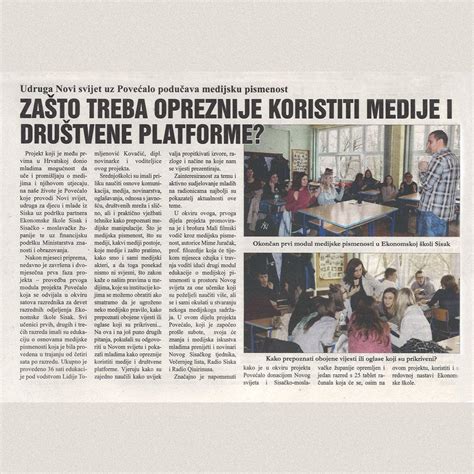 odjeci medijski napisi novi svijet udruga za djecu  mlade sisak