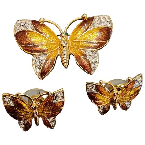 Vintage Enamel Rhinestone Butterfly Brooch Earrings Set A