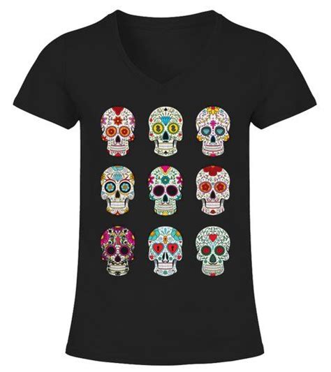 Sugar Skulls T Shirt V Neck T Shirt Woman Shirts Tshirts Skull