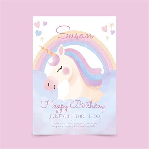 Free Vector Hand Painted Watercolor Unicorn Birthday Invitation Template