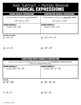 Add Subtract And Multiply Binomial Radical Expressions Algebra 2