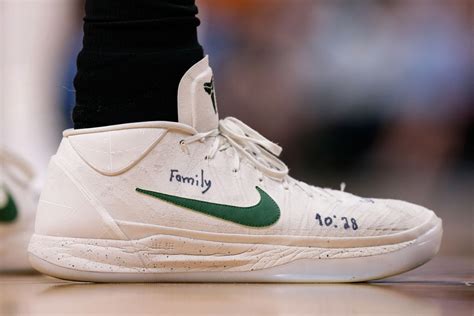 A Detail View Of The Shoes Worn By Milwaukee Bucks Forward Giannis