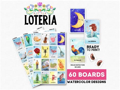 Printable Mexican Loteria Game 60 CARDS PDF Watercolor Classic Edition