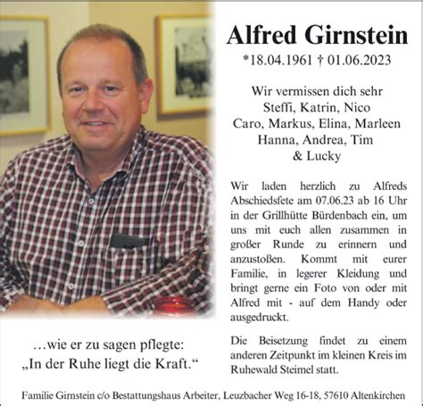 Traueranzeigen Von Alfred Girnstein Rz Trauer De