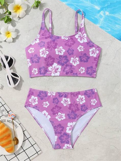 Chica Preadolescente Ba Ador Bikini Con Estampado Floral Moda De