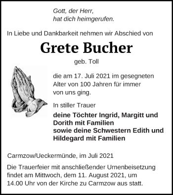 Traueranzeigen Von Grete Bucher Trauer Nordkurier