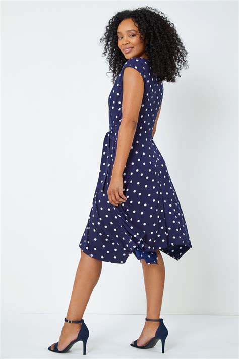 Petite Polka Dot Tie Waist Dress In Navy Roman UK