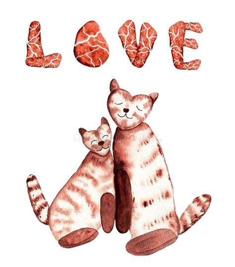 Watercolor Cute Cartoon Brown Cats As Symbols Of Love Stock