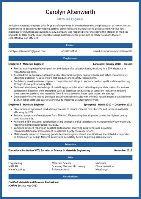 Materials Engineer Resume (CV) Example and Writing Guide