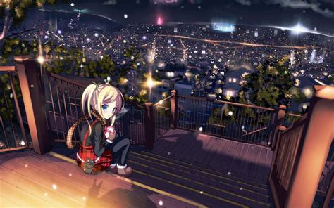 landscape, night, anime girls, town, performance, stage, crowd ...