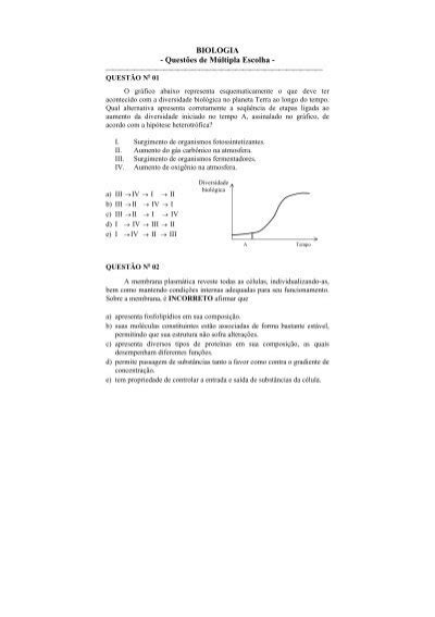 Biologia Questões De Múltipla Escolha Ufla