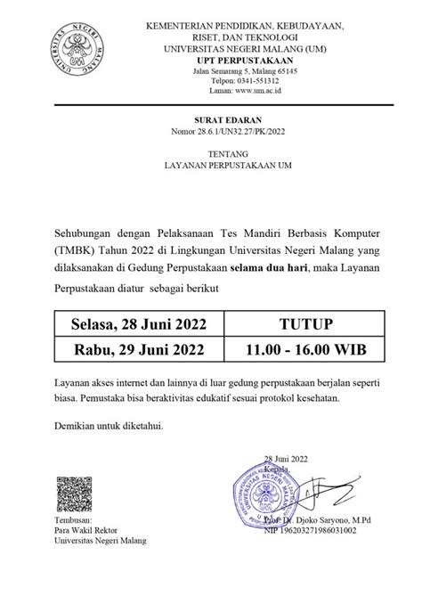 Pemberitahuan Jam Layanan Tanggal 28 29 Juni 2022 UPT Perpustakaan UM