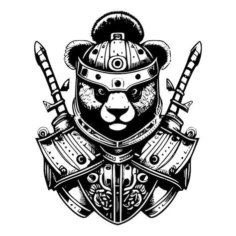 Logotipo samurai panda irritado ilustração desenhada à mão em preto e