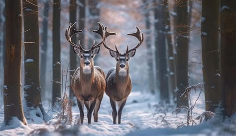 Dos ciervos en un bosque con árboles cubiertos de nieve al estilo de la