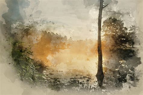 Watercolour painting of lake in forest countryside landscape at sunrise ...