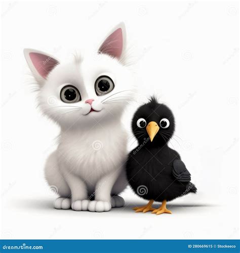 Cute Cat and Bird Cartoon in Dark White and Black Style - 3d Rendering ...