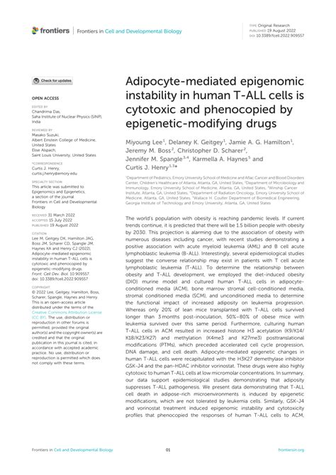 PDF Adipocyte Mediated Epigenomic Instability In Human T ALL Cells Is