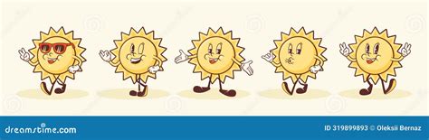 Groovy Sun Retro Characters Set Cartoon Summer Personage Walking And