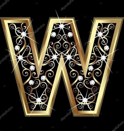 The Letter W Is Decorated With Gold And Diamonds