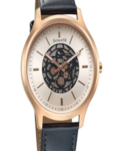 Buy Sonata Men Silver Toned Brass Printed Dial Leather Straps