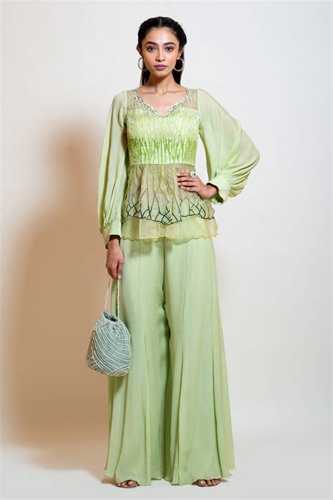 Buy Smriti By Anju Agarwal Green Embroidered Peplum Top And Palazzo Set