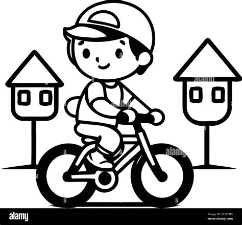 Cute Boy Riding A Bicycle On The Street Vector Illustration Stock