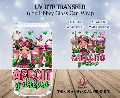 Cafecito Y Chisme Uv Dtf Cup Wrap For 16oz Glass Can Frida Kahlo Vinyl