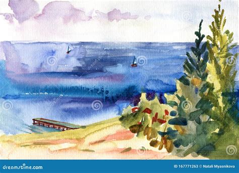 Hand Painted Sea Landscape Watercolor Painting Drawing Illustration