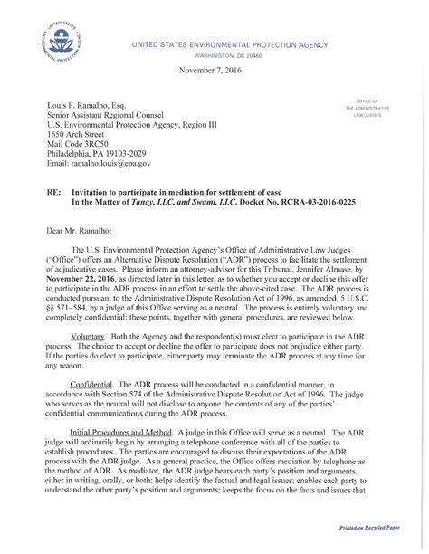 Mediation Invitation Letter United States Environmental Protection