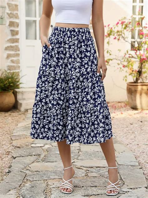 Floral Print Elastic Waist Midi Skirt Boho Flared Skirt Temu Australia