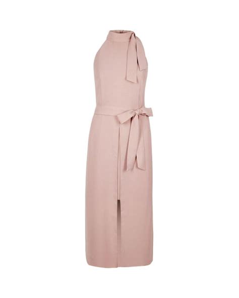 River Island Light Pink High Neck Tie Waist Midi Dress Lyst Canada