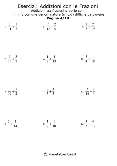 Esercizi Sulle Addizioni Con Le Frazioni Da Stampare Pianetabambiniit