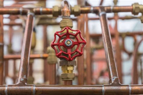 Red Valve On Copper Pipe Construction In Outdoor Stock Photo Image Of