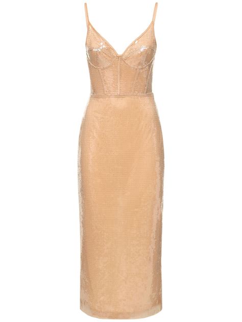 David Koma Sequin Corset Midi Dress Beige Editorialist