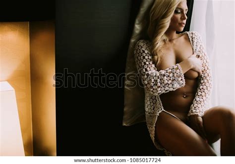 Sexy Blonde Woman Posing White Lingerie Stock Photo 1085017724
