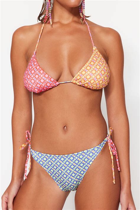 Trendyol Collection Geometric Patterned Triangle Tie Regular Bikini Set Tbess Bt Trendyol
