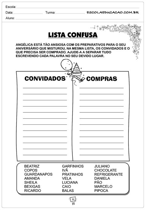 Atividades Com Listas 1 Ano