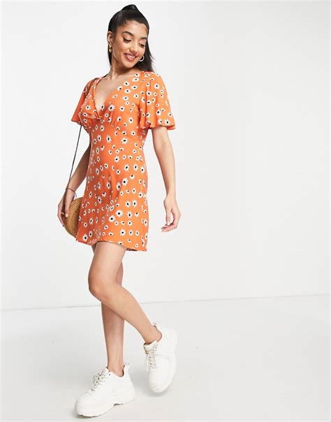 Stradivarius V Neck Mini Tea Dress In Orange Floral Print Red Modesens