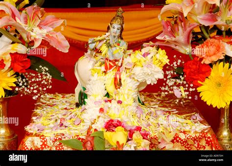 Altar detail at Temple for Shambo the sacred bull at Skanda Vale Hindu community near Carmarthen ...