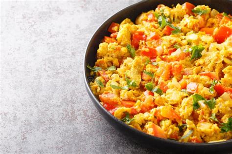 Egg Bhurji Spiced Indian Scrambled Eggs Closeup In The Plate