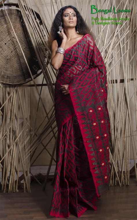 Beautiful Hand Work Woven Karat Dhakai Jamdani Saree In Charcoal Black And Red Dhakai Jamdani